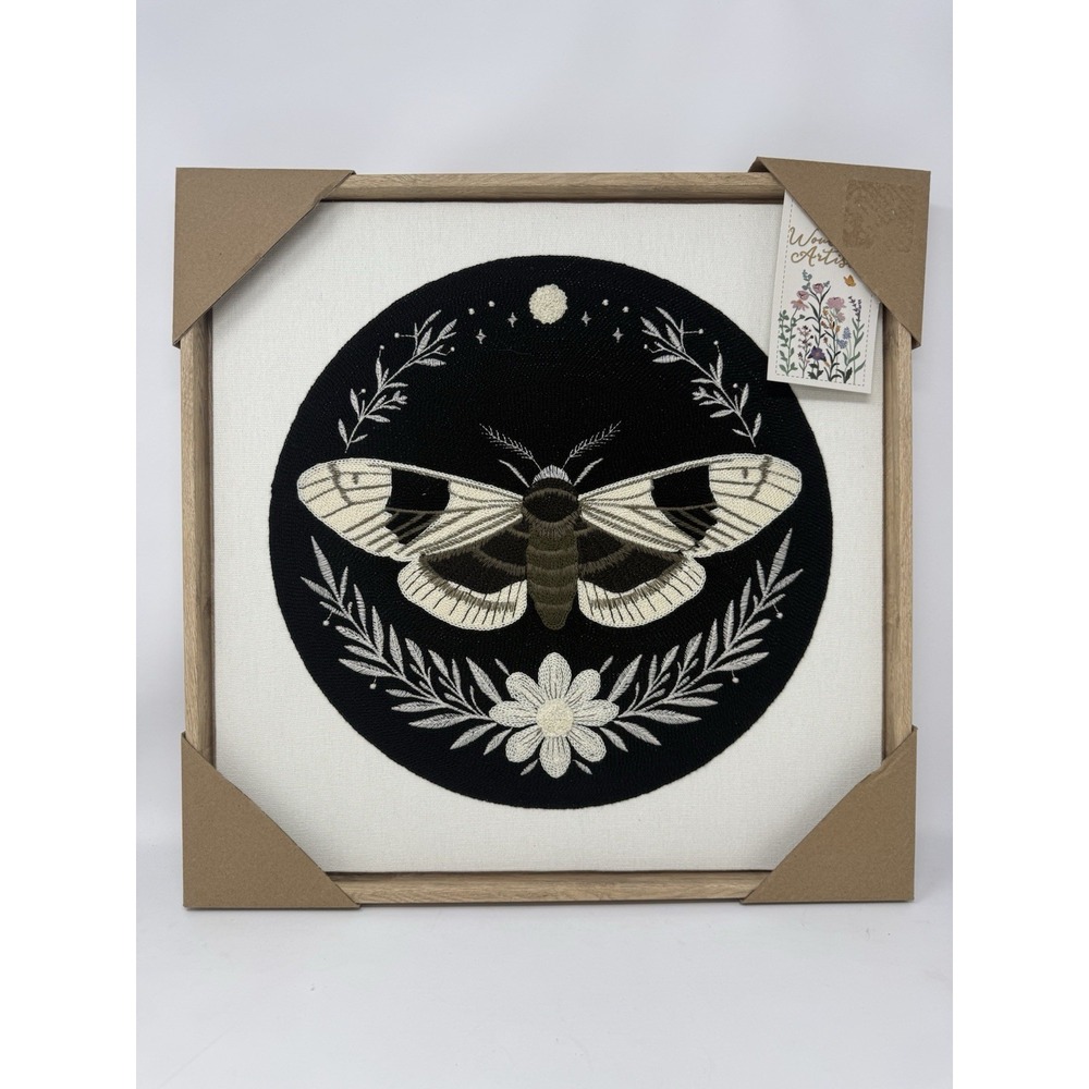 New BP Home Textile Embroidered Woven Wall Art Moth Floral Garden Decor 17" Sq
